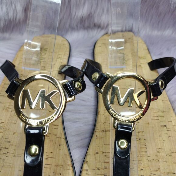 Michael Kors MK Charm Jelly Thong Sandals Flip Flops Women Sz 11 Gold Black Cork - Picture 2 of 7